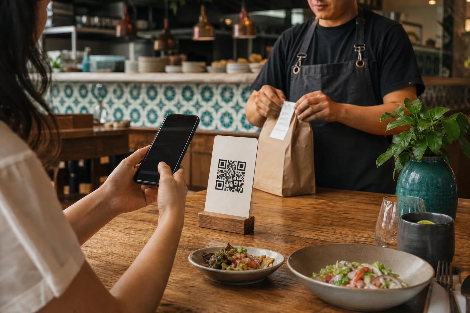 Cliente escaneando un menú QR mientras recibe su pedido